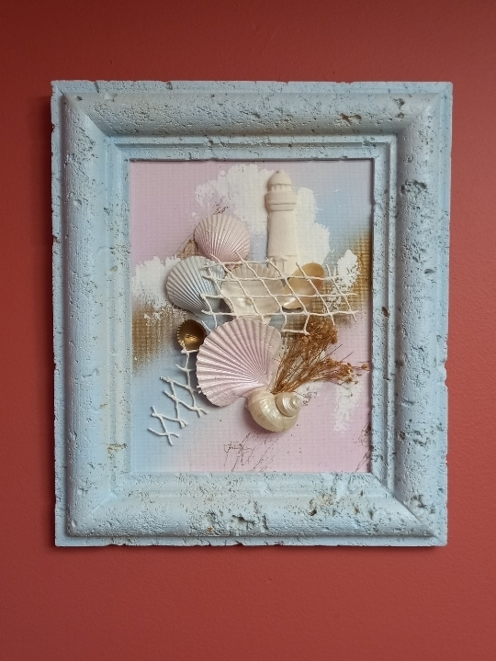 Coastal Shell Mixed-Media Wall Art in Pastel Pink and Mint